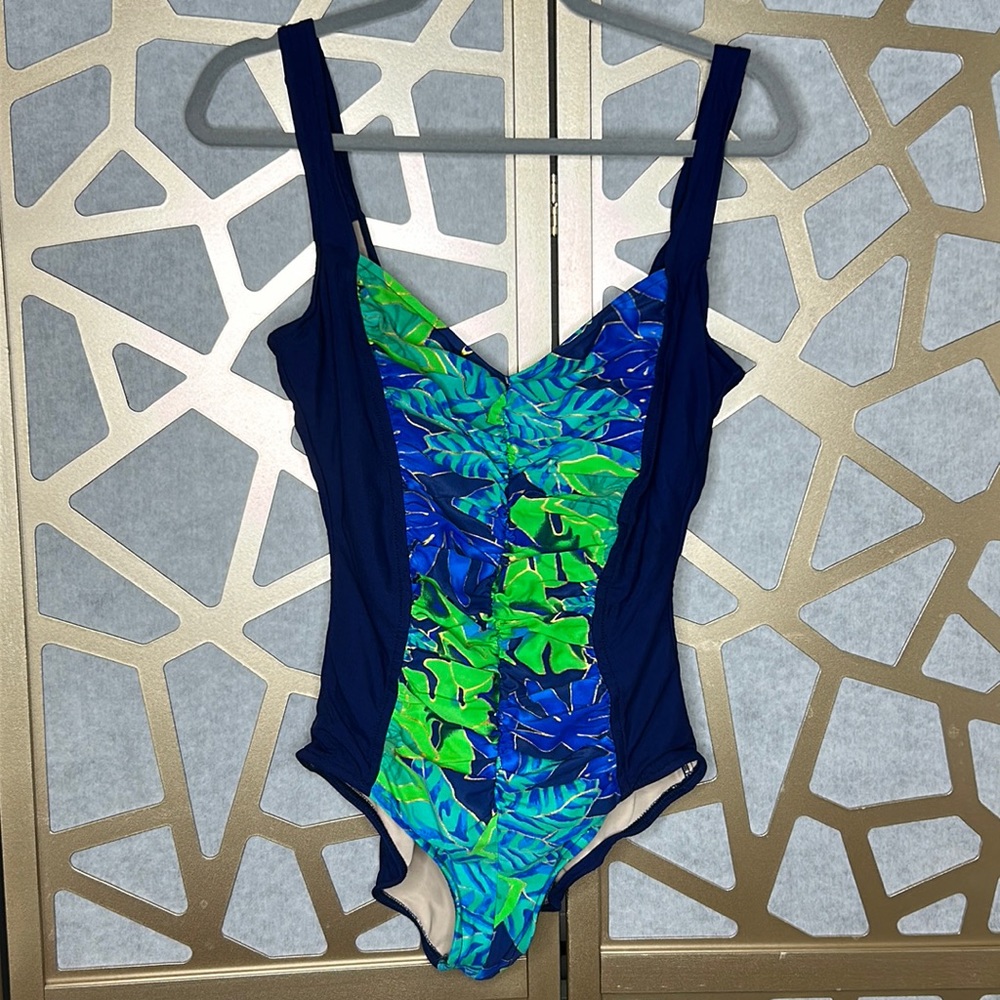 1980s Swimsuit 1 Piece The Slimsuit Swimwear Ruched‎ Center Glam Gold Blue